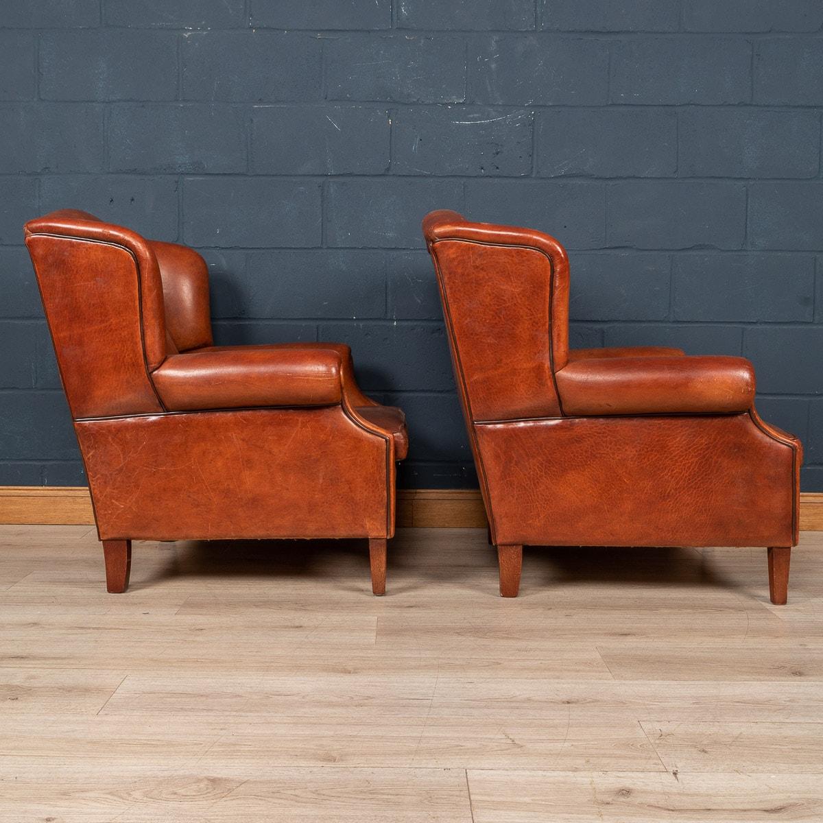 20th Century Dutch Sheepskin Leather Wingback Chairs 1