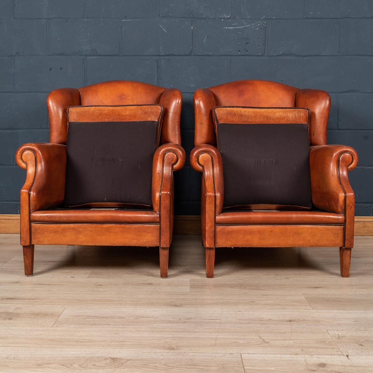 20th Century Dutch Sheepskin Leather Wingback Chairs 2