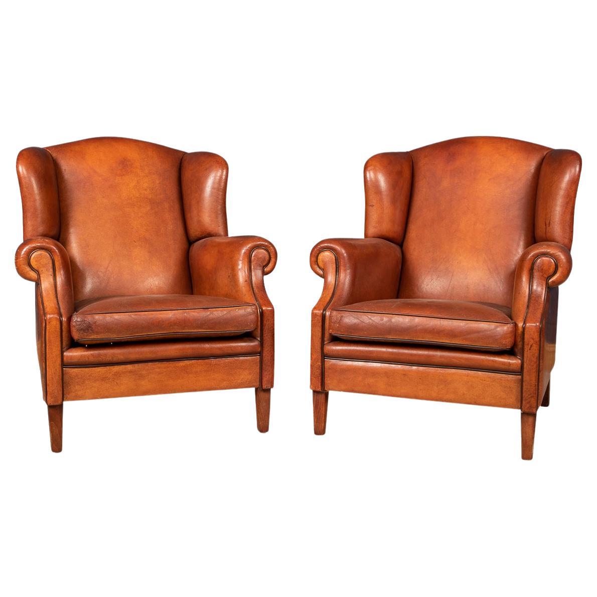 20th Century Dutch Sheepskin Leather Wingback Chairs