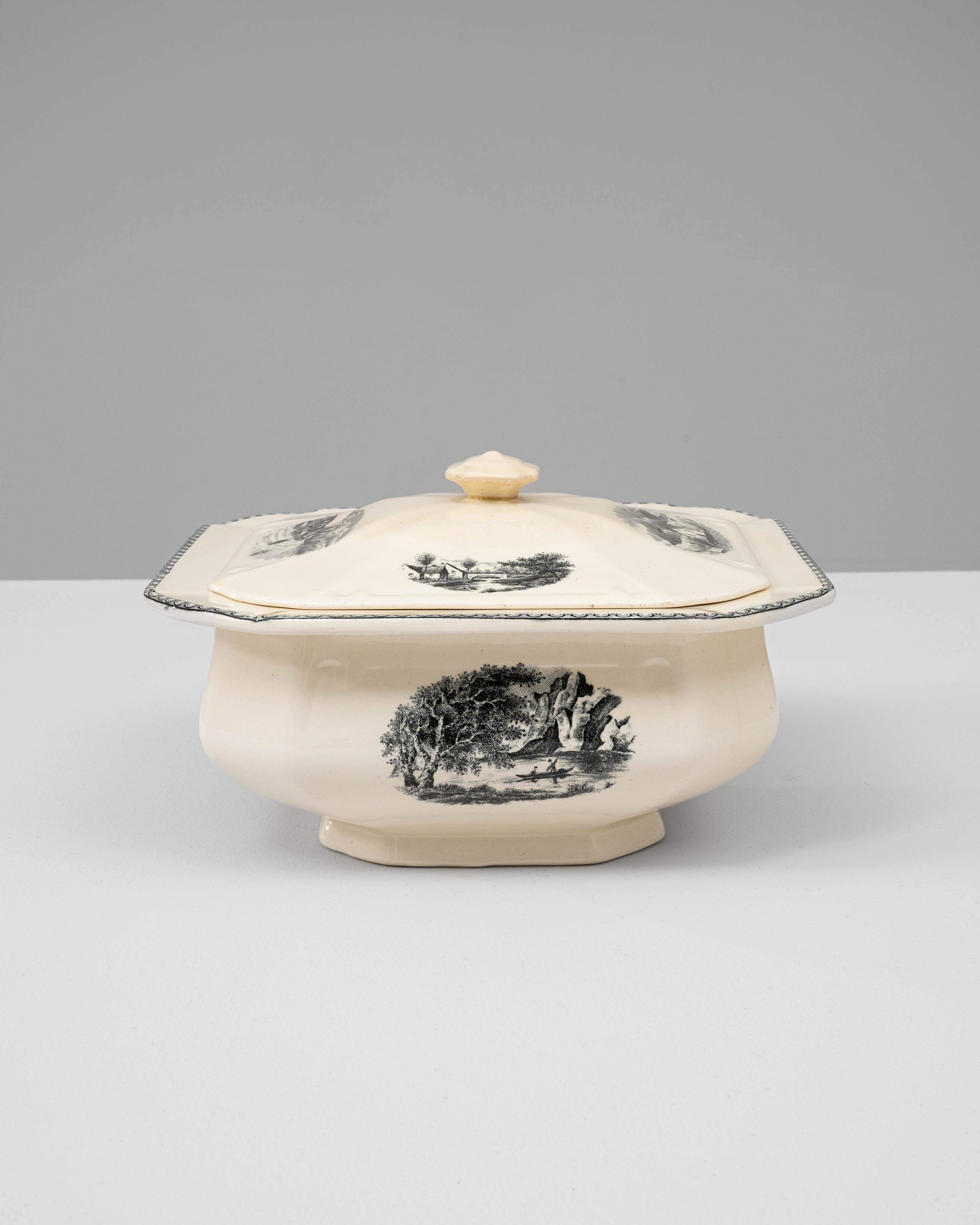 This 20th Century Dutch Special Edition Porcelain Tureen with Lid exemplifies classic European tableware design with timeless elegance. Crafted in fine cream-toned porcelain, it features intricate black pastoral scenes delicately transfer-printed