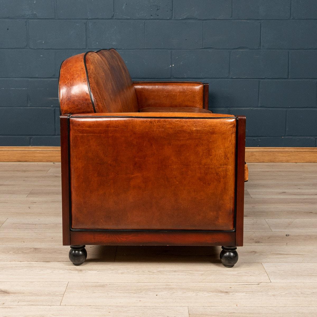 Pine 20th Century Dutch Two Seater Sheepskin Leather Sofa