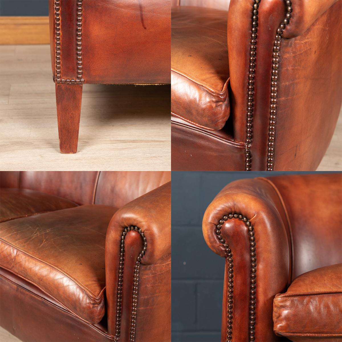20th Century Dutch Two Seater Tan Sheepskin Leather Sofa 2