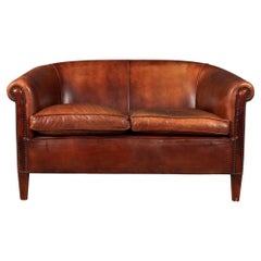 Vintage 20th Century Dutch Two Seater Tan Sheepskin Leather Sofa