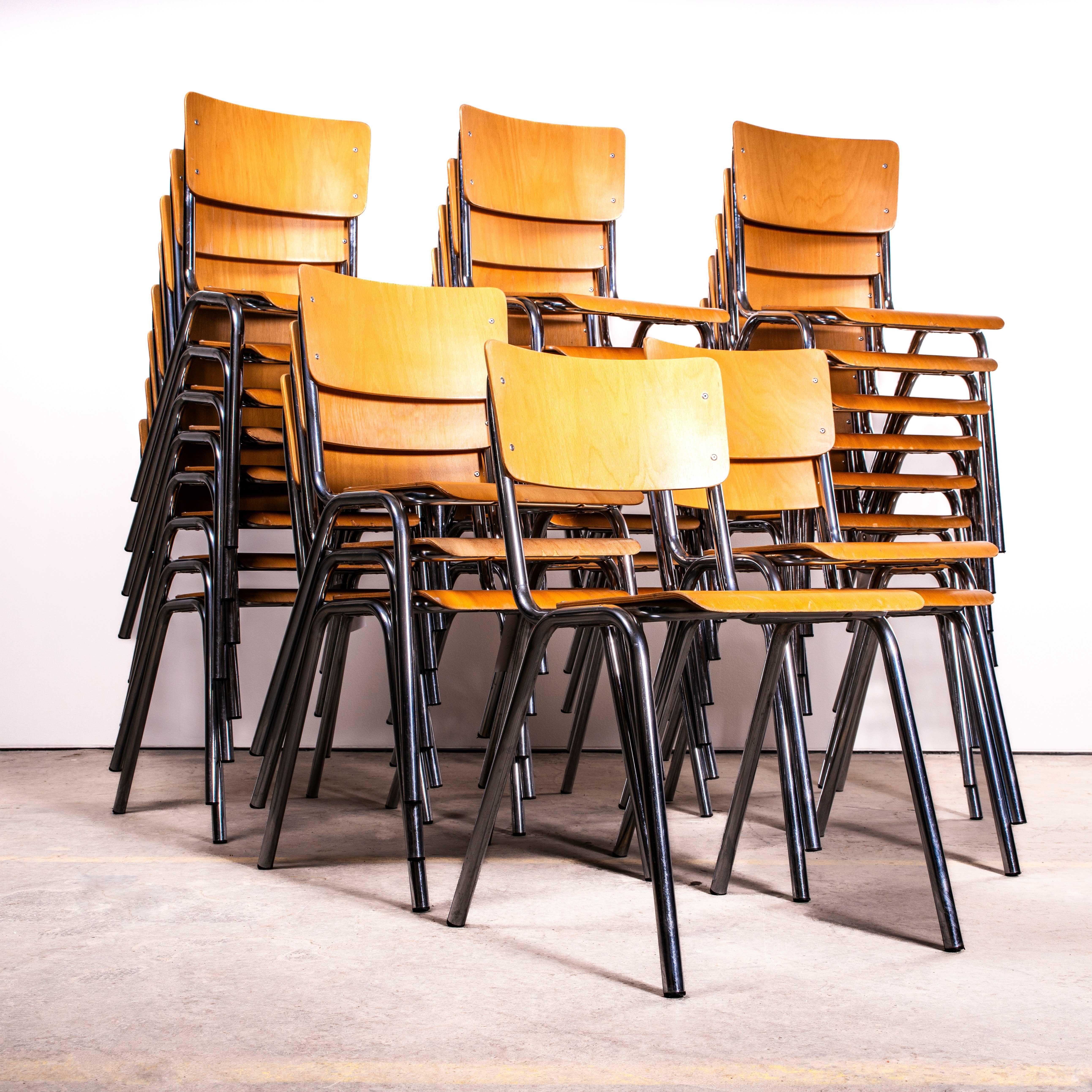 20th Century Dutch University Stacking Dining Chairs – Large Quantity Available. 

Exceptional batch of stacking university chairs from the Netherlands. Sadly we have no detail about the maker but we know they are late 20th Century, probably late