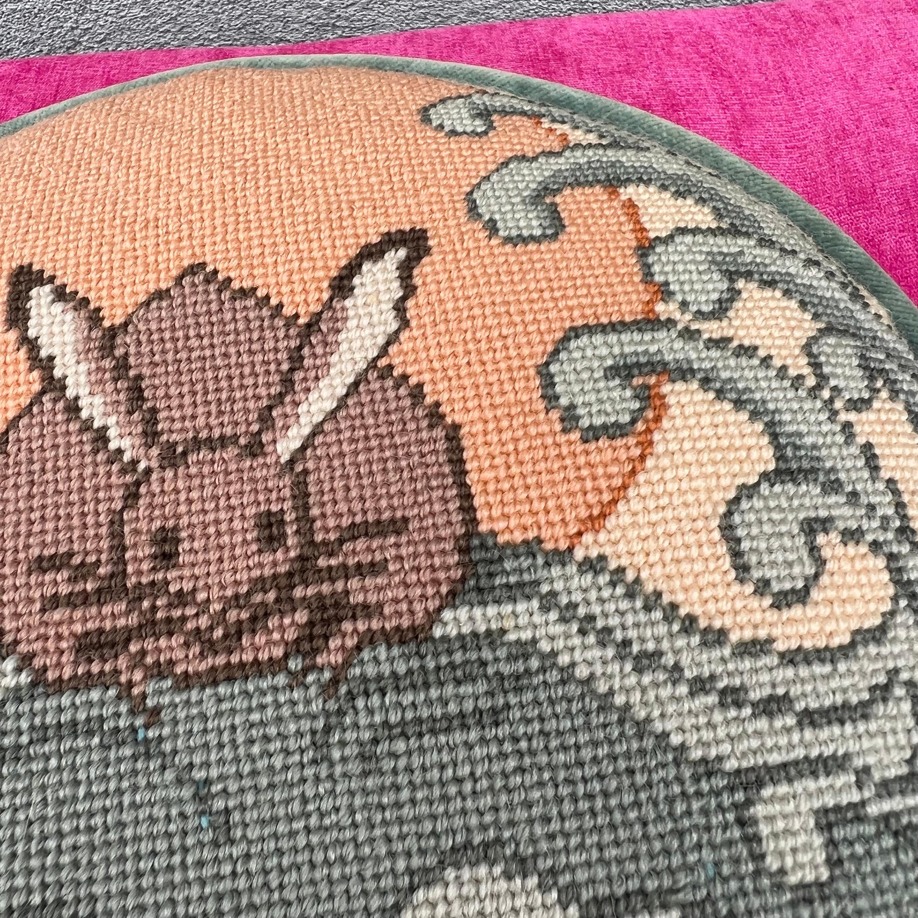 This might be my favorite find of the season! The prettiest vintage needlepoint bunny/hare pillow. The colors are very Art Deco/art Nuevo. The backing is a blue velvet.