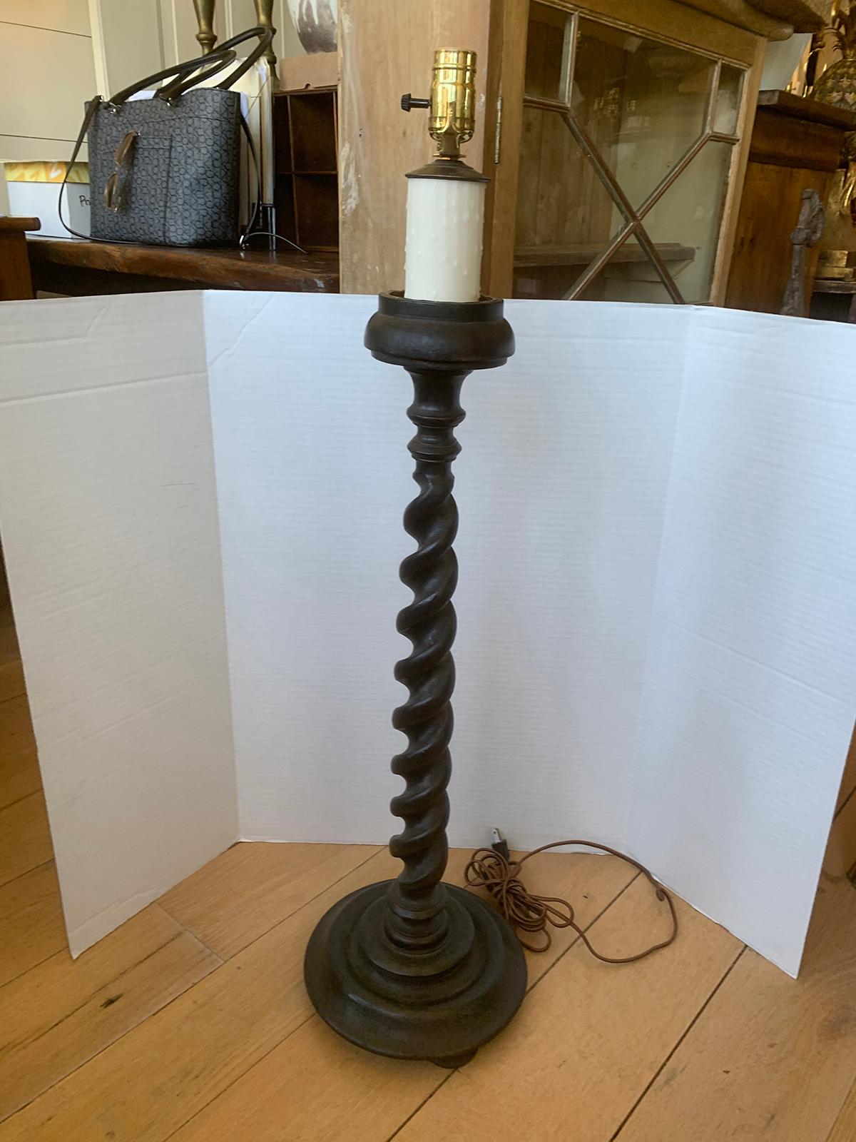 Wood 20th Century Ebonized Barley Twist Candlestick Lamp For Sale