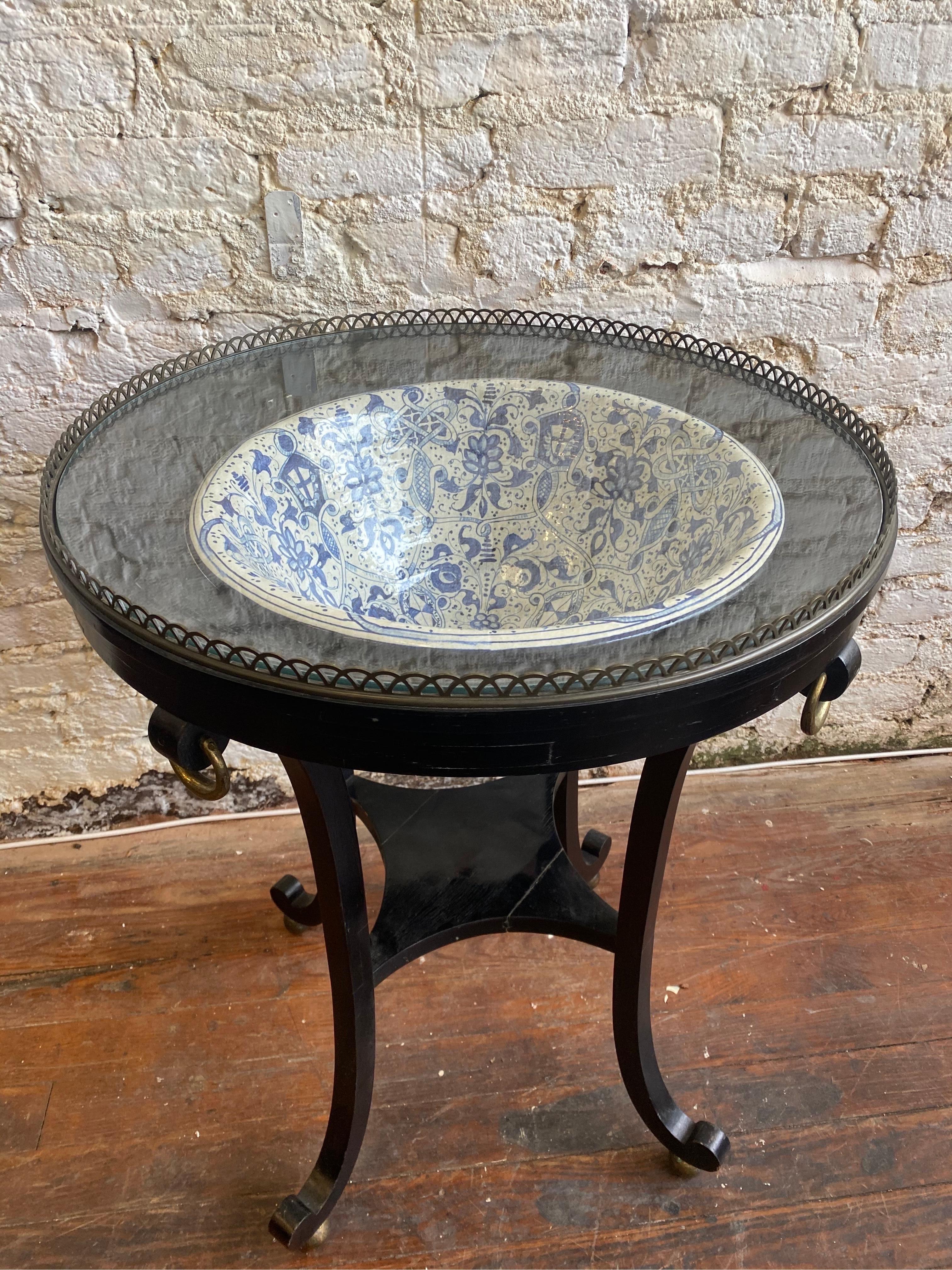 North American 20th Century Ebonized Table with Porcelain Bowl from Mario Buatta Estate For Sale