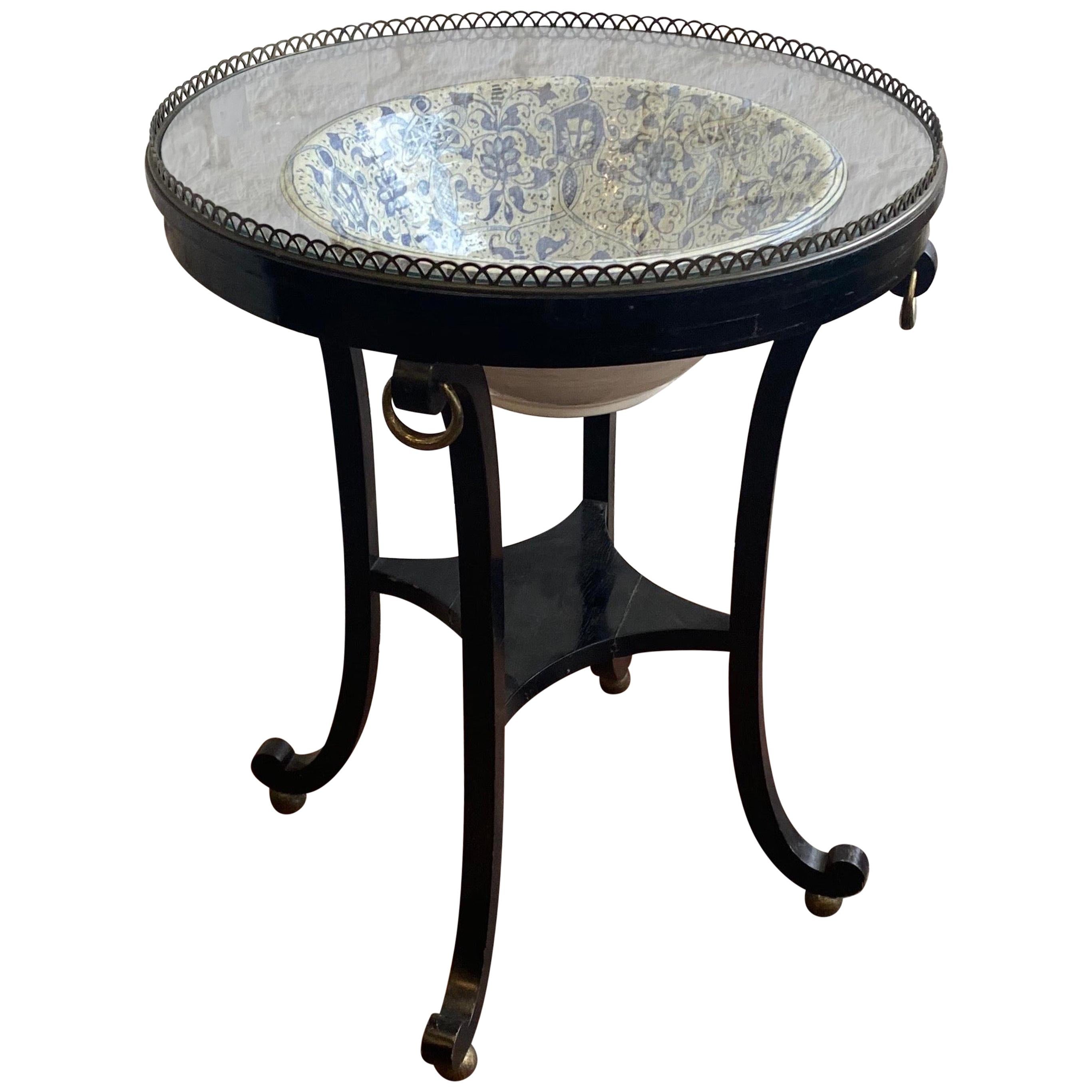 20th Century Ebonized Table with Porcelain Bowl from Mario Buatta Estate For Sale