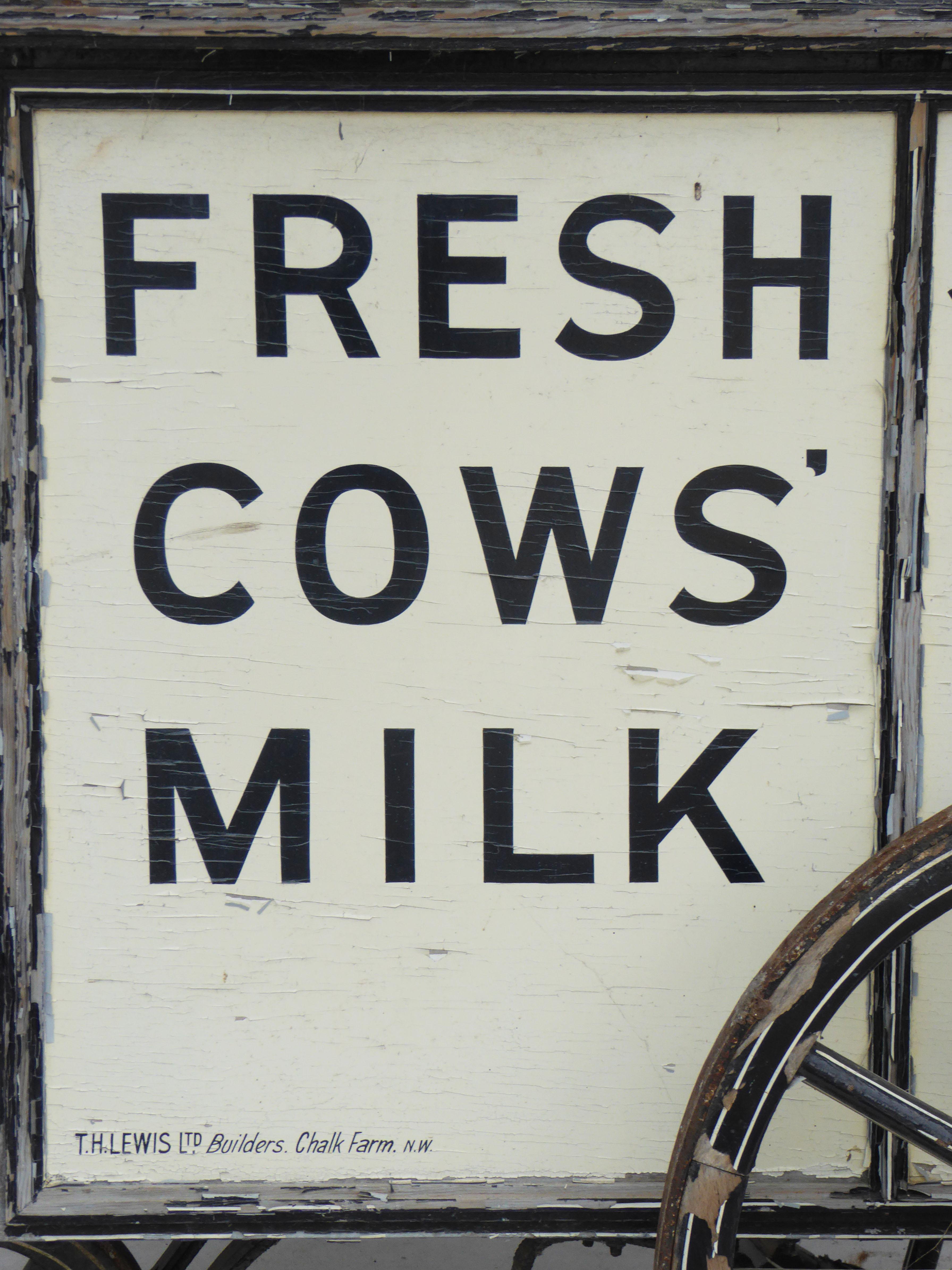 For sale is an unusual Edwardian hand pulled milk cart. The top of the cart is sheltered by a canopy, with decoration on the side which reads 