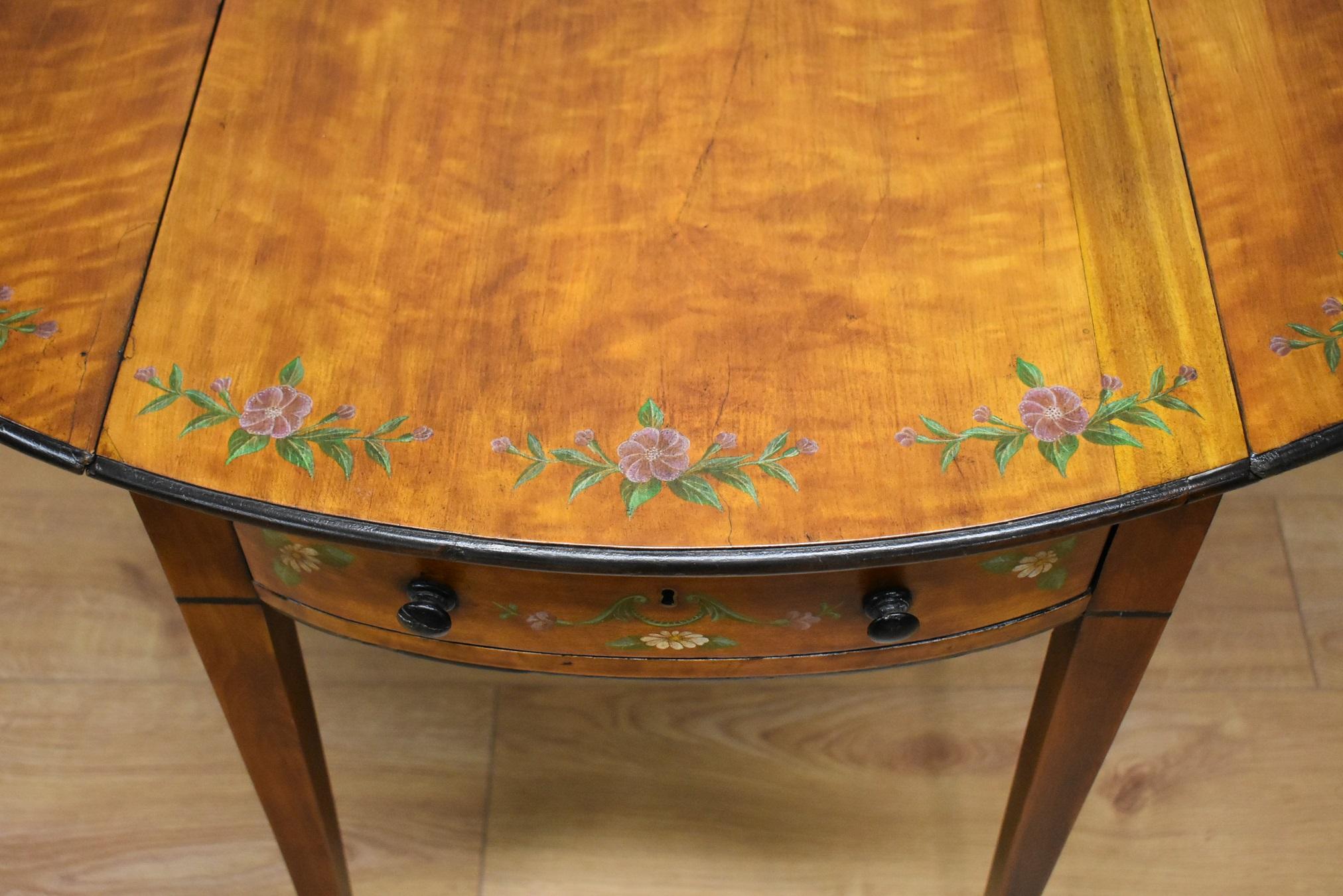 20th Century Edwardian Satinwood Hand Painted Pembroke Table For Sale 5