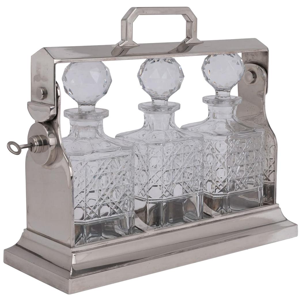 20th Century Edwardian Silver Plated and Cut Glass Tantalus, circa 1900