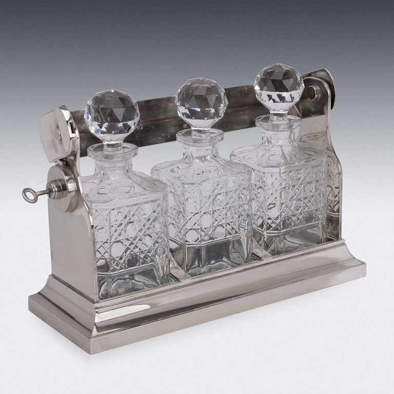 British 20th Century Edwardian Silver Plated and Cut Glass Tantalus, circa 1900 For Sale