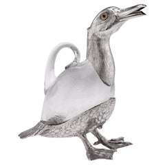 20th Century Edwardian Solid Silver & Clear Glass Novelty 'Duck' Claret Jug