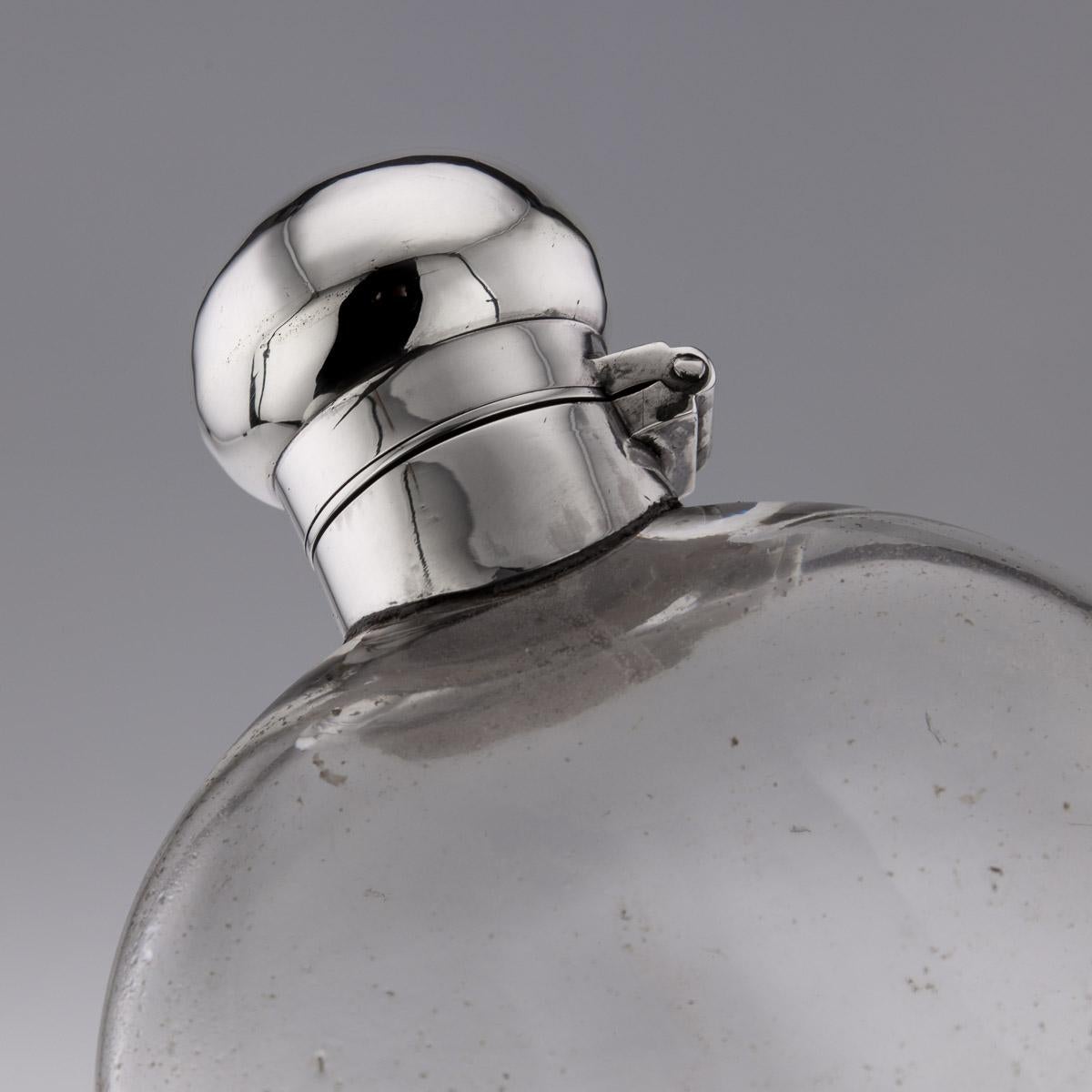 British 20th Century Edwardian Solid Silver & Glass Hip Flask, Sheffield, c.1910 For Sale