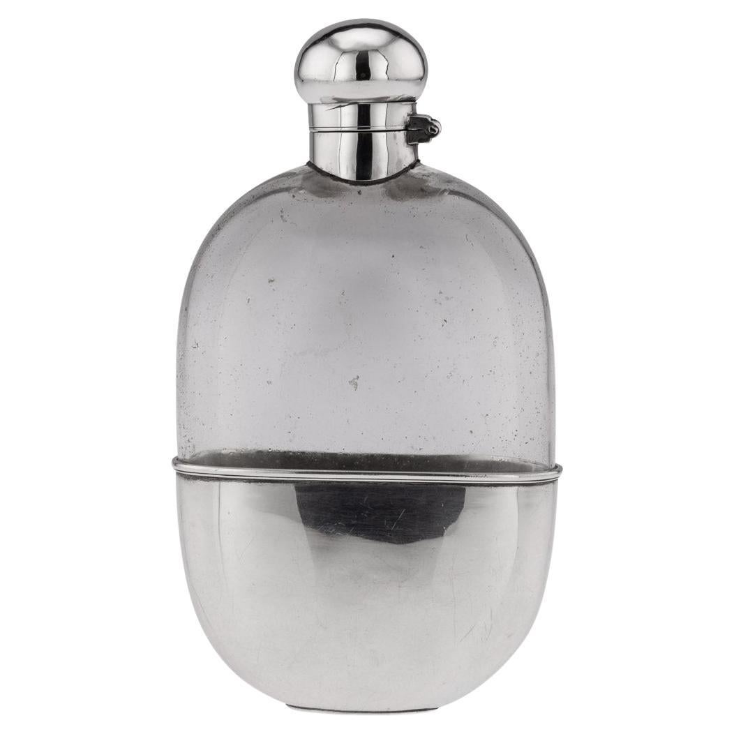 20th Century Edwardian Solid Silver & Glass Hip Flask, Sheffield, c.1910 For Sale