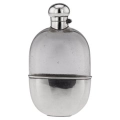 20th Century Edwardian Solid Silver & Glass Hip Flask, Sheffield, c.1910