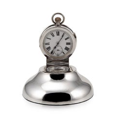 20th Century Edwardian Solid Silver & Glass Inkwell with Clock, Chester, c.1907