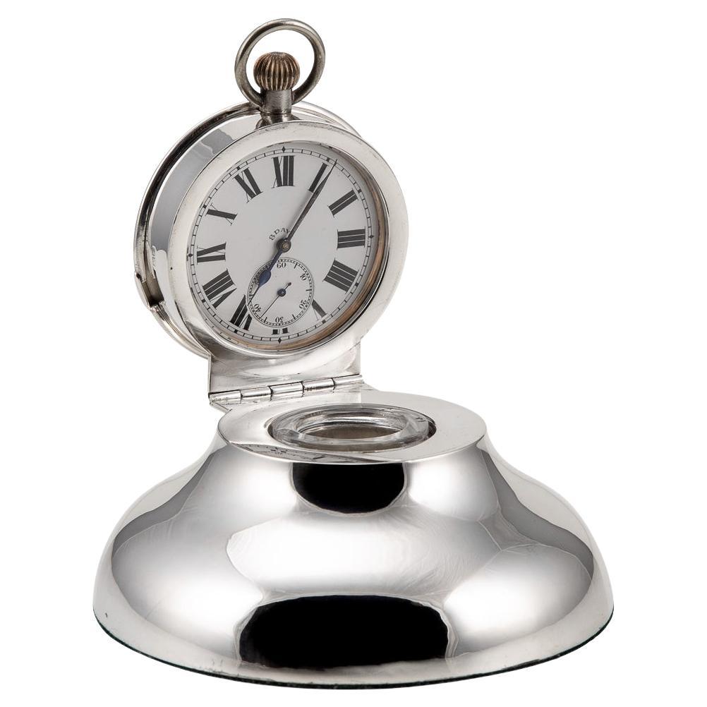 20th Century Edwardian Solid Silver & Glass Inkwell with Clock, Chester, c.1907 For Sale