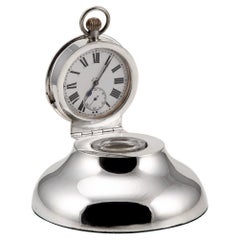 Vintage 20th Century Edwardian Solid Silver & Glass Inkwell with Clock, Chester, c.1907