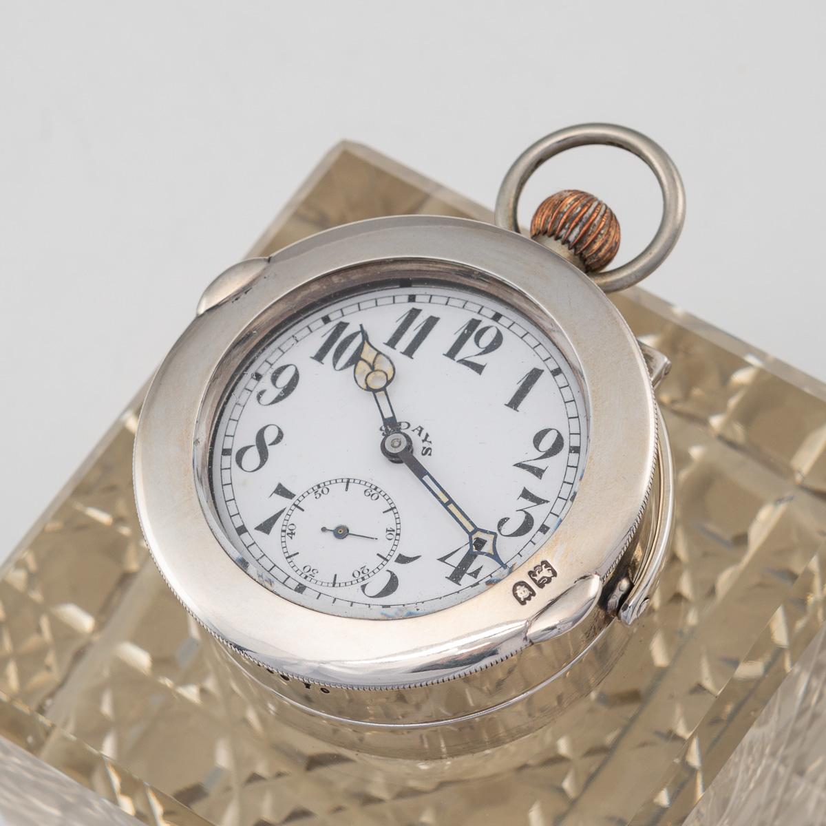 20th Century Edwardian Solid Silver & Glass Inkwell with Clock, London, c.1909 6
