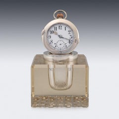 20th Century Edwardian Solid Silver & Glass Inkwell with Clock, London, c.1909