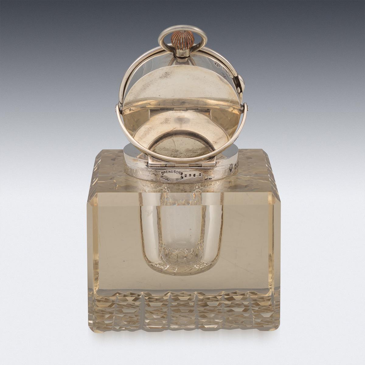 British 20th Century Edwardian Solid Silver & Glass Inkwell with Clock, London, c.1909