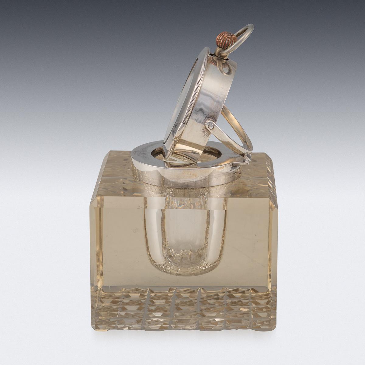 Gilt 20th Century Edwardian Solid Silver & Glass Inkwell with Clock, London, c.1909