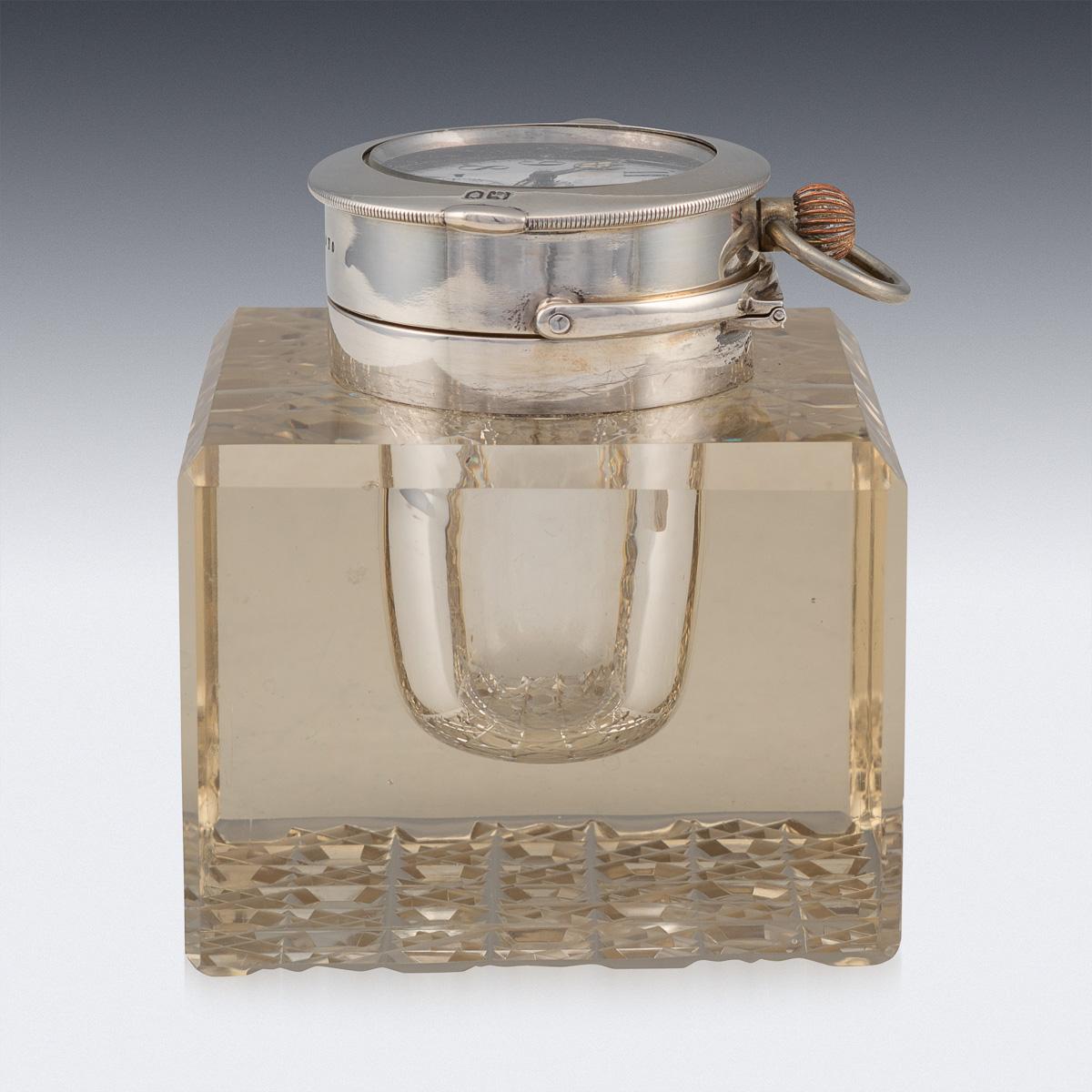 20th Century Edwardian Solid Silver & Glass Inkwell with Clock, London, c.1909 2
