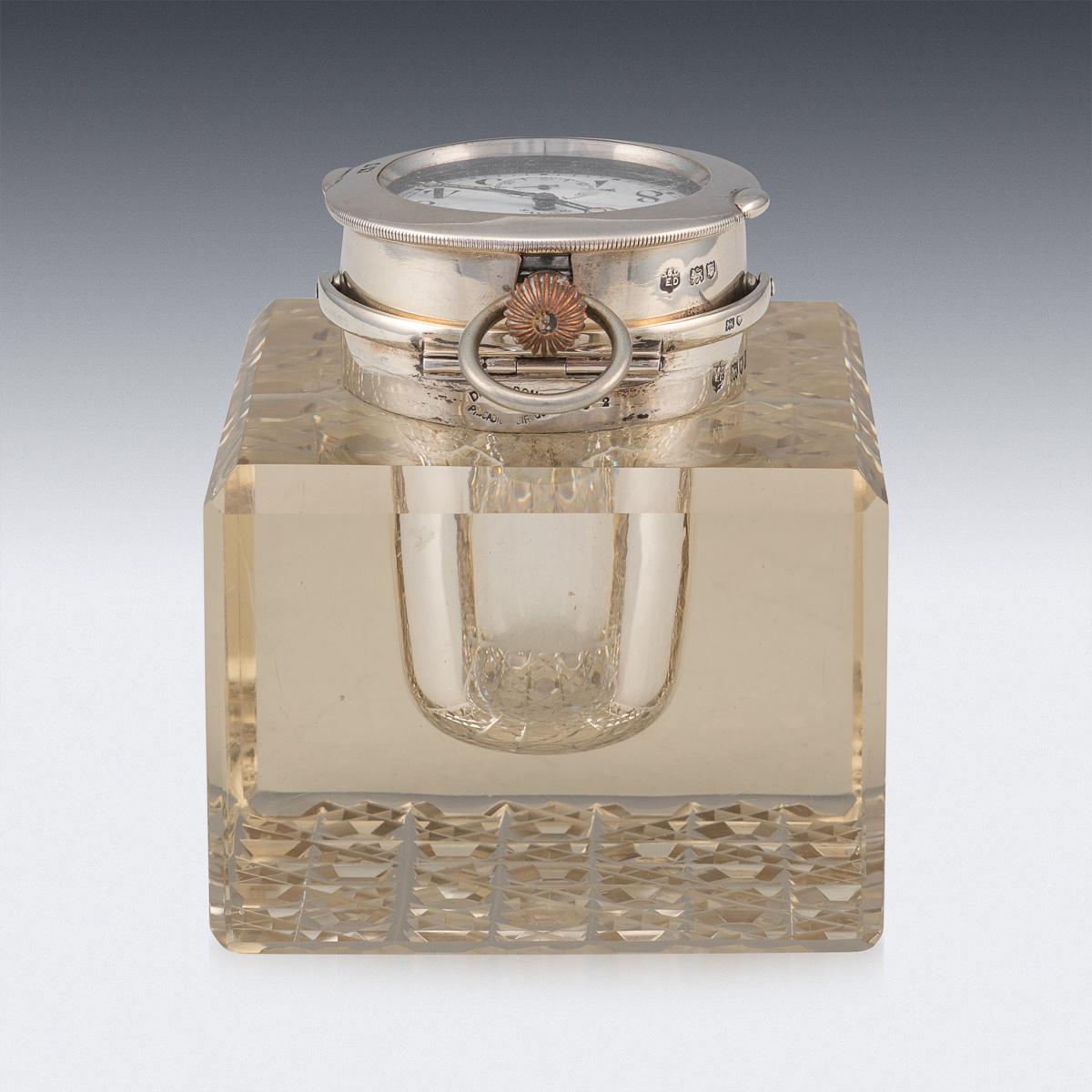20th Century Edwardian Solid Silver & Glass Inkwell with Clock, London, c.1909 3