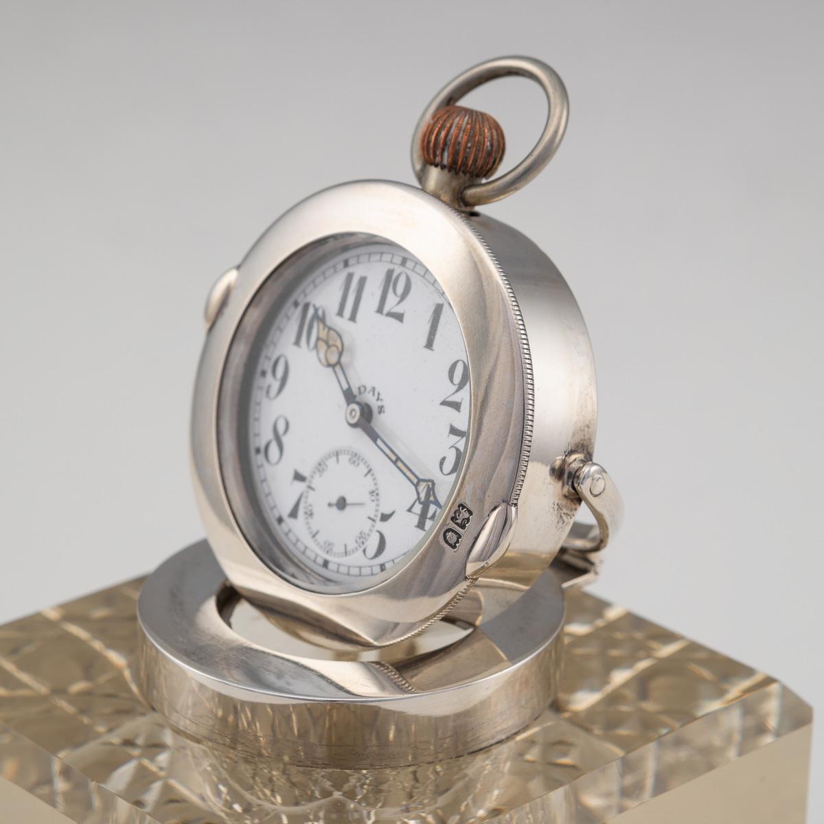 20th Century Edwardian Solid Silver & Glass Inkwell with Clock, London, c.1909 4