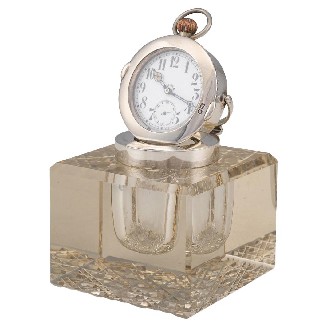 20th Century Edwardian Solid Silver & Glass Inkwell with Clock, London, c.1909