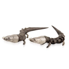 20th Century Edwardian Solid Silver & Horn Lizard Shaped Cigar Lighters, C.1900