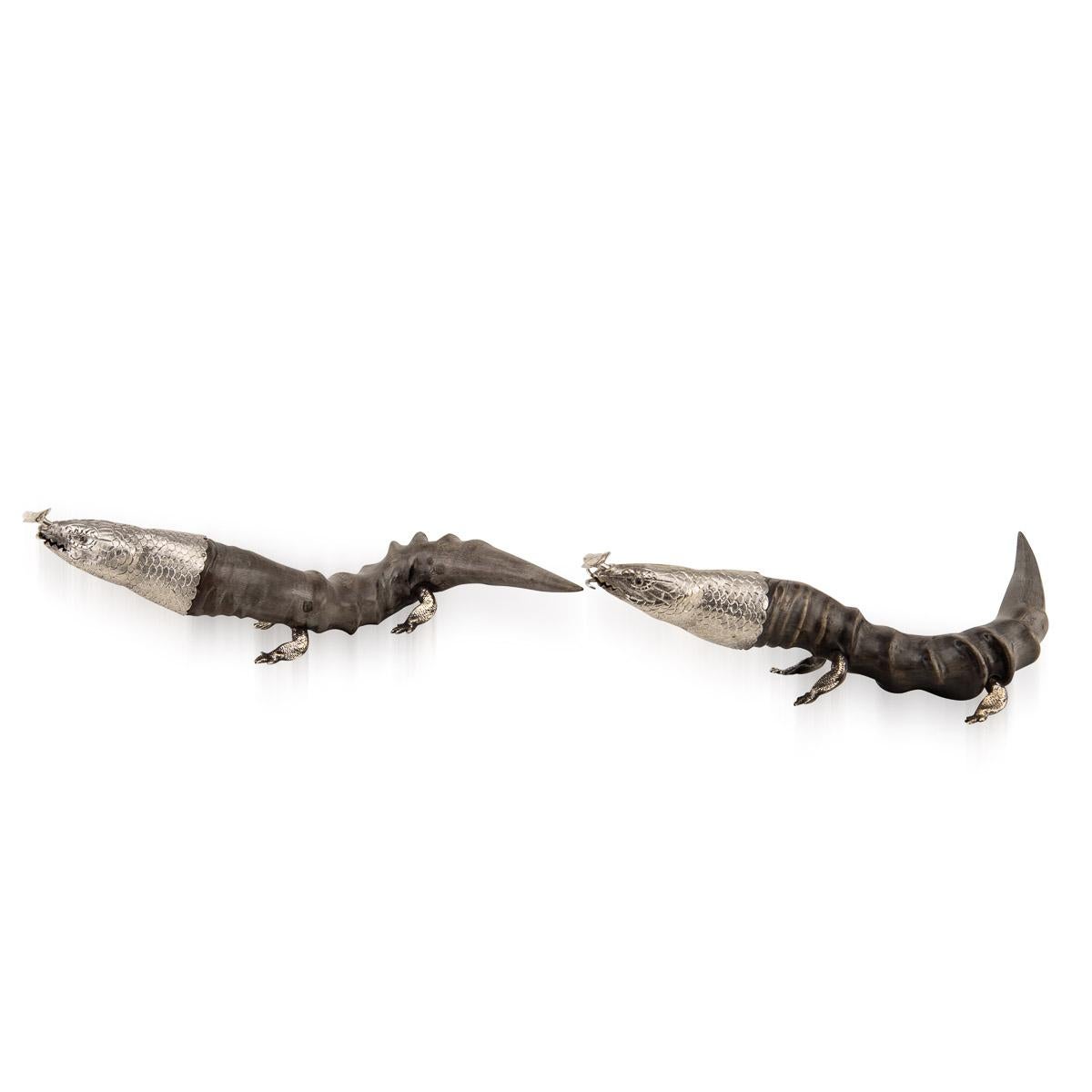 British 20th Century Edwardian Solid Silver & Horn Lizard Shaped Cigar Lighters, C.1900 For Sale