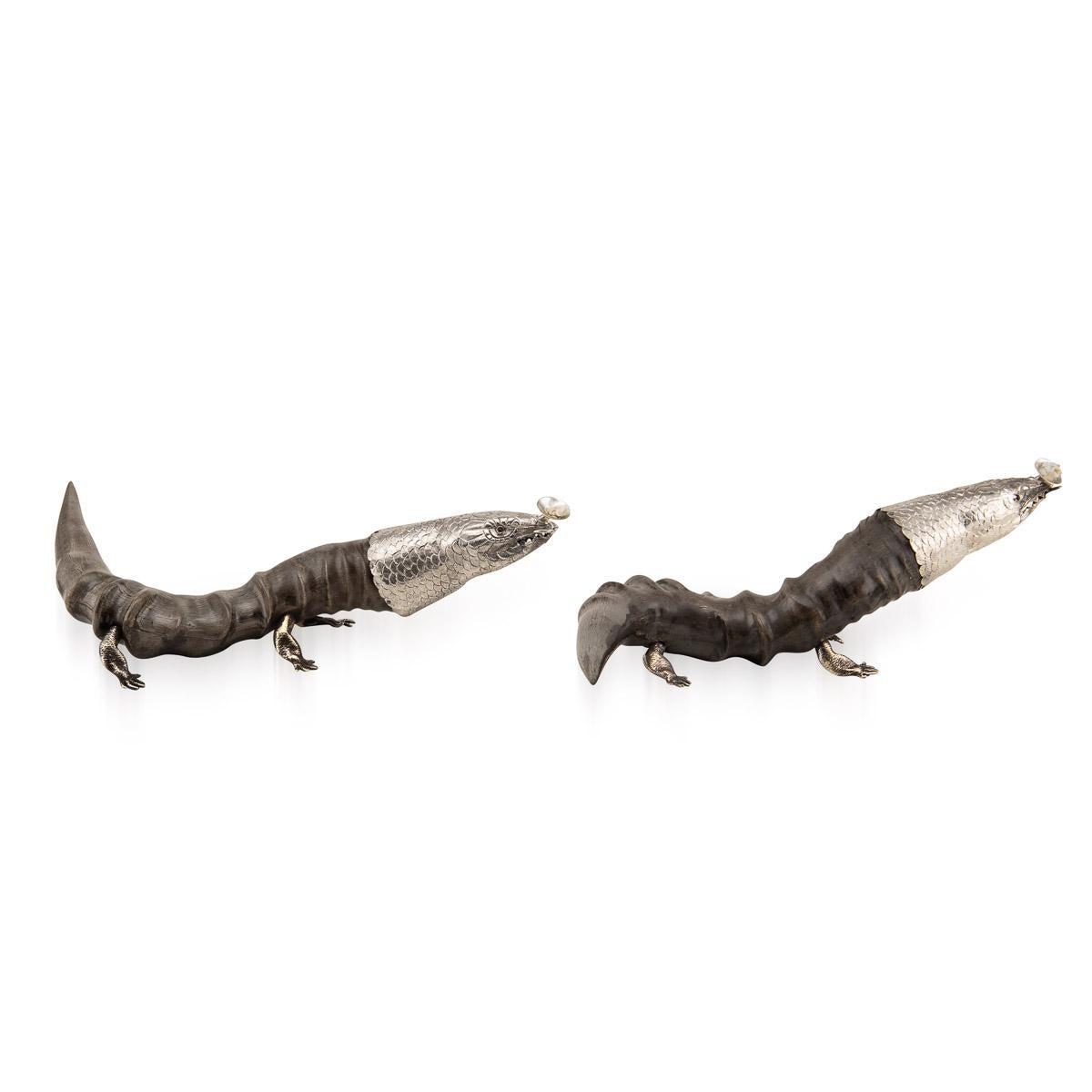 20th Century Edwardian Solid Silver & Horn Lizard Shaped Cigar Lighters, C.1900 For Sale 1