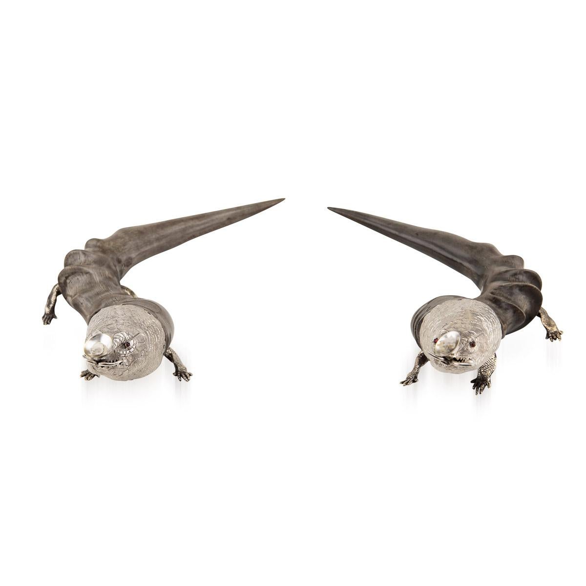 20th Century Edwardian Solid Silver & Horn Lizard Shaped Cigar Lighters, C.1900 For Sale 2