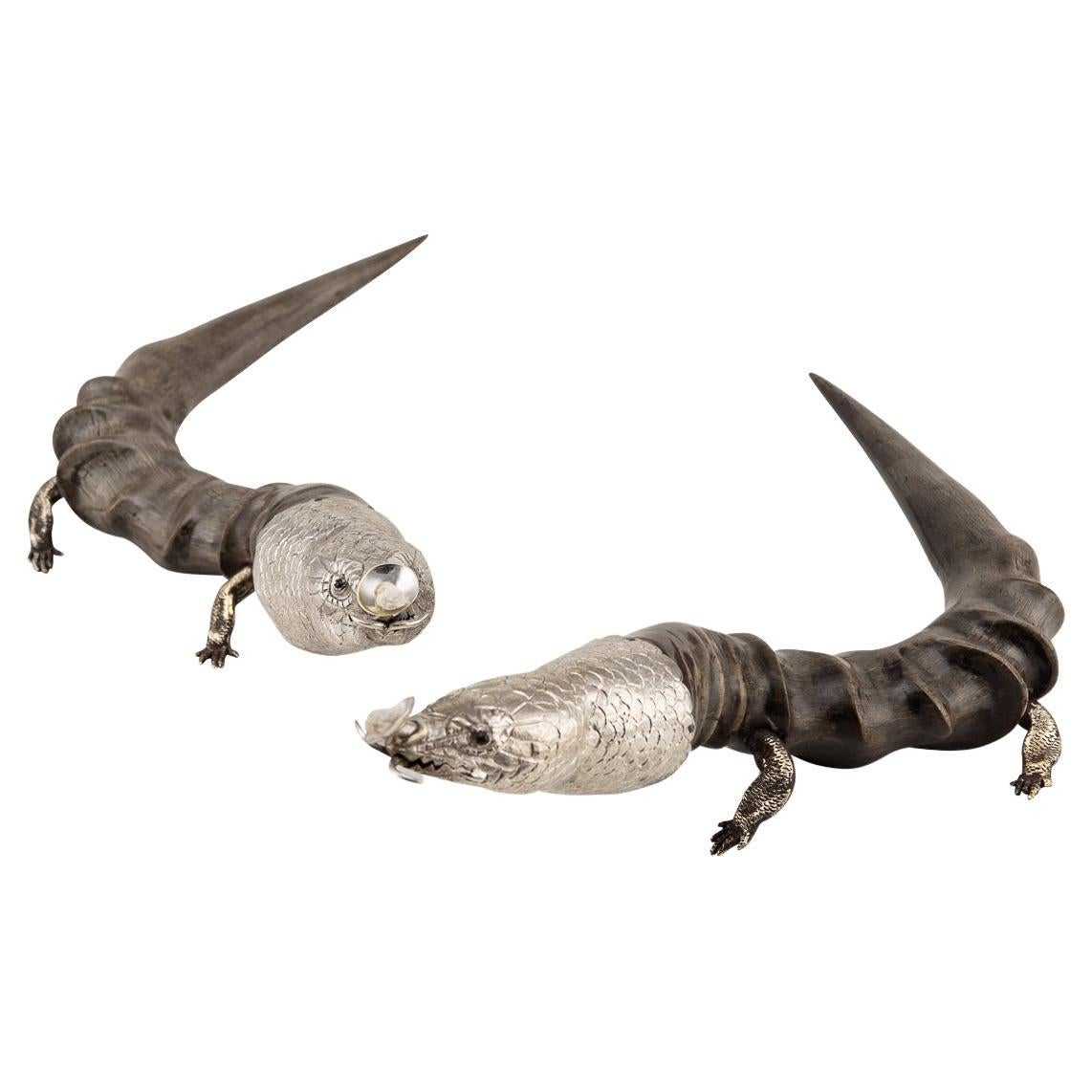 20th Century Edwardian Solid Silver & Horn Lizard Shaped Cigar Lighters, C.1900 For Sale