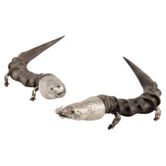 20th Century Edwardian Solid Silver & Horn Lizard Shaped Cigar Lighters, C.1900