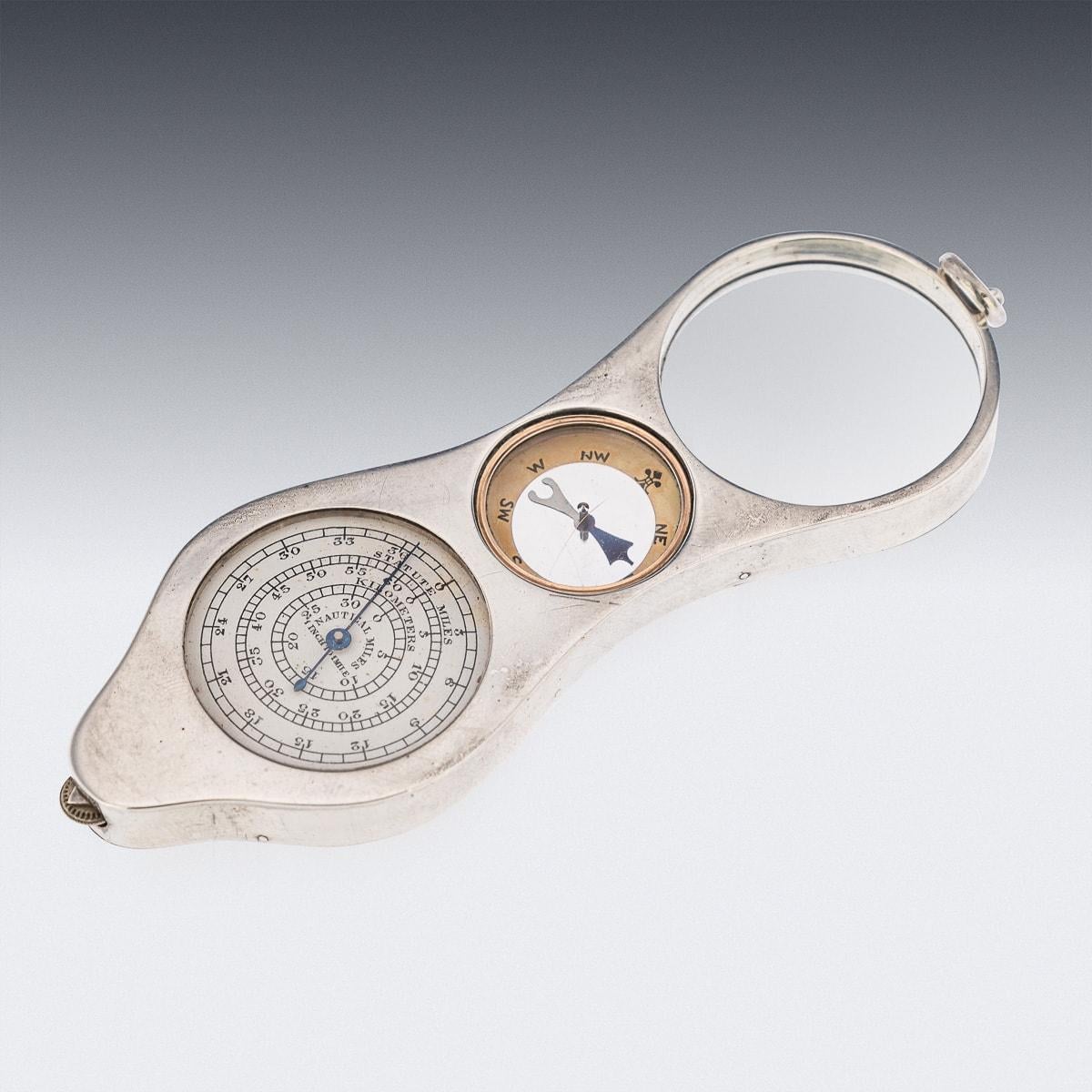 Antique early-20th Century Edwardian very rare solid silver map reading tool, with a magnifying glass, compass and distance measure, one side in English the other in Russian, presented in its original leather mounted case. Hallmarked English silver