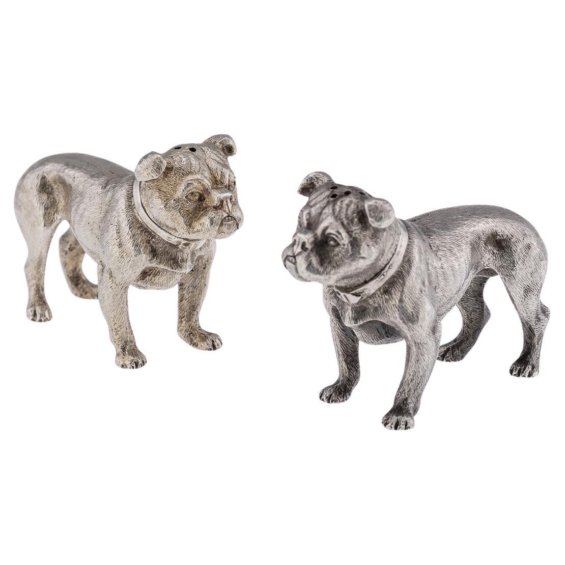 20th Century Edwardian Solid Silver Pair Of Dog Shaped Salts, London, c.1908 For Sale