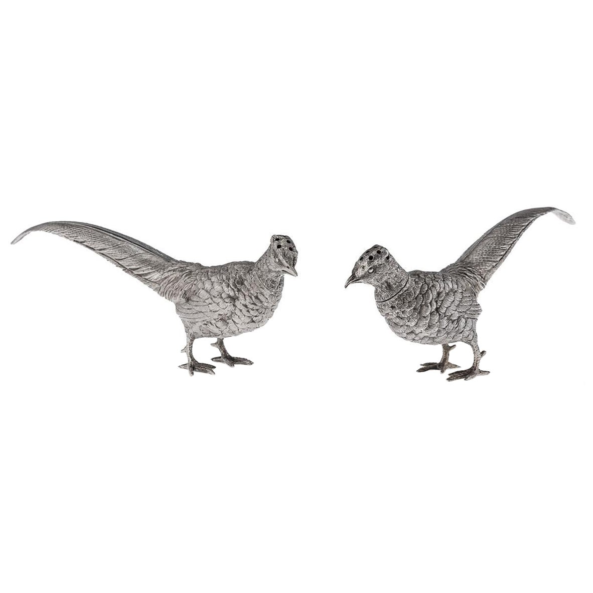 20th Century Edwardian Solid Silver Pheasant Salt & Pepper, London, c.1905