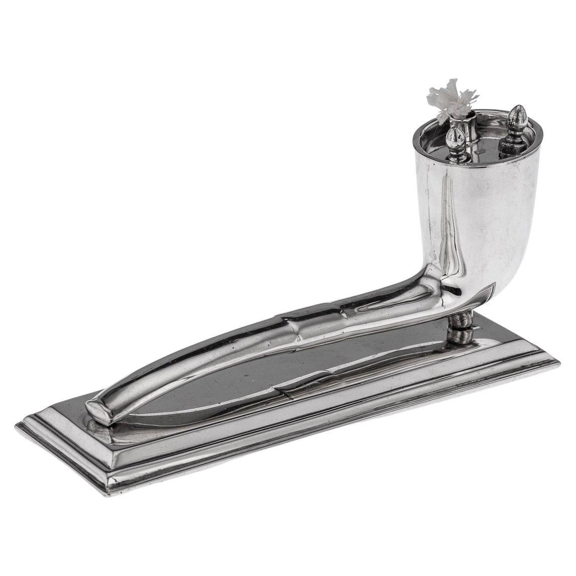 20th Century Edwardian Solid Silver Pipe Shaped Table Lighter, Sheffield, c 1906