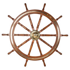 Vintage 20th Century Edwardian Turned Teak & Brass Ship Wheel, c.1900