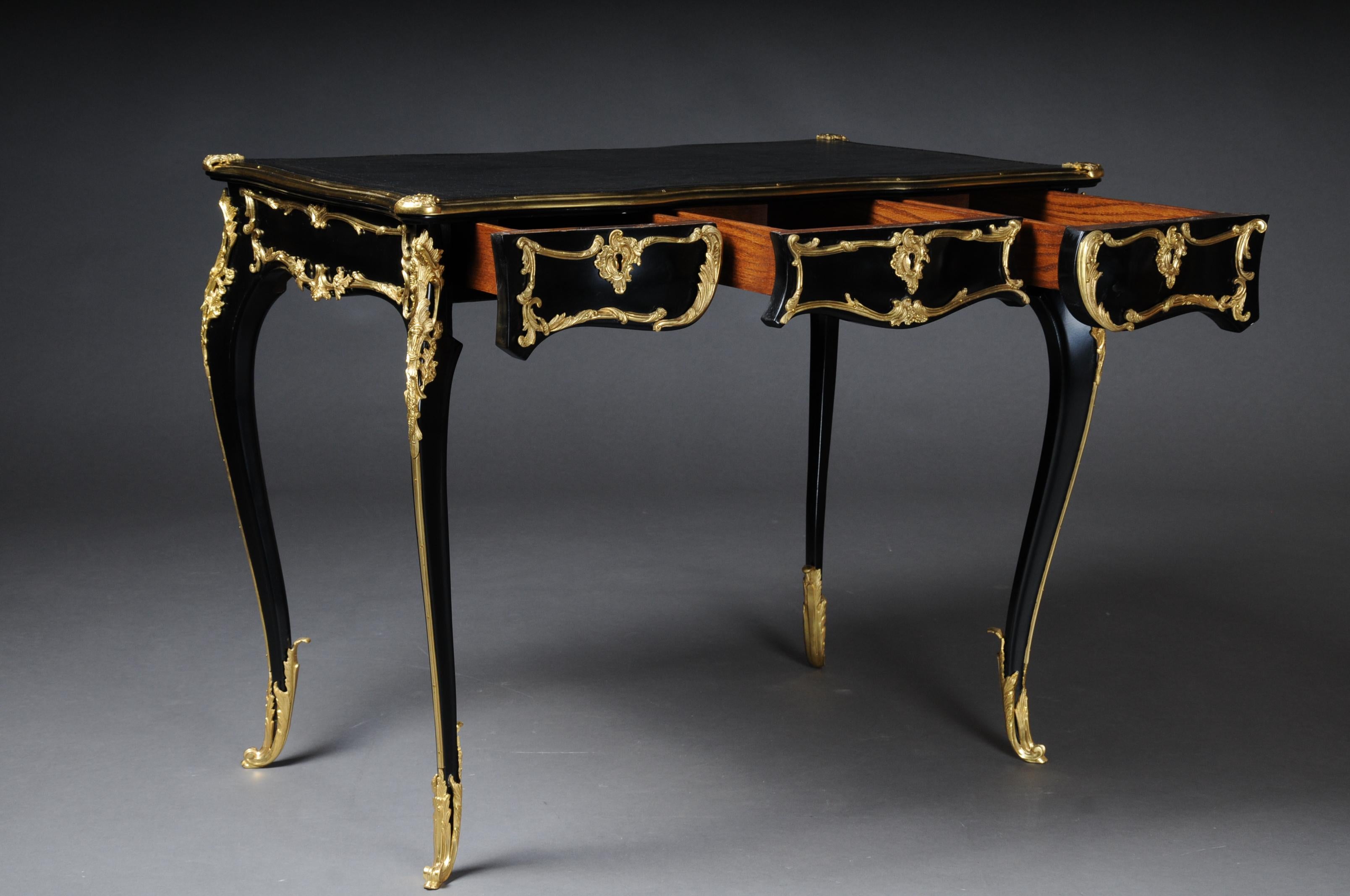 Gilt 20th Century Elegant Black Bureau Plat / Writing Desk in Louis XV, Beech For Sale