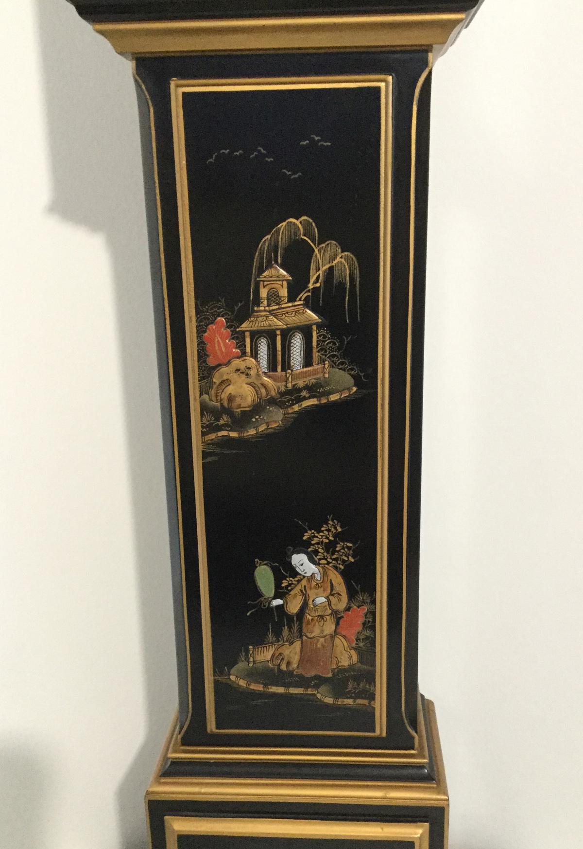 Hand-Painted Rare Black Chinoiserie Miniature Longcase Clock by Elliott of London For Sale