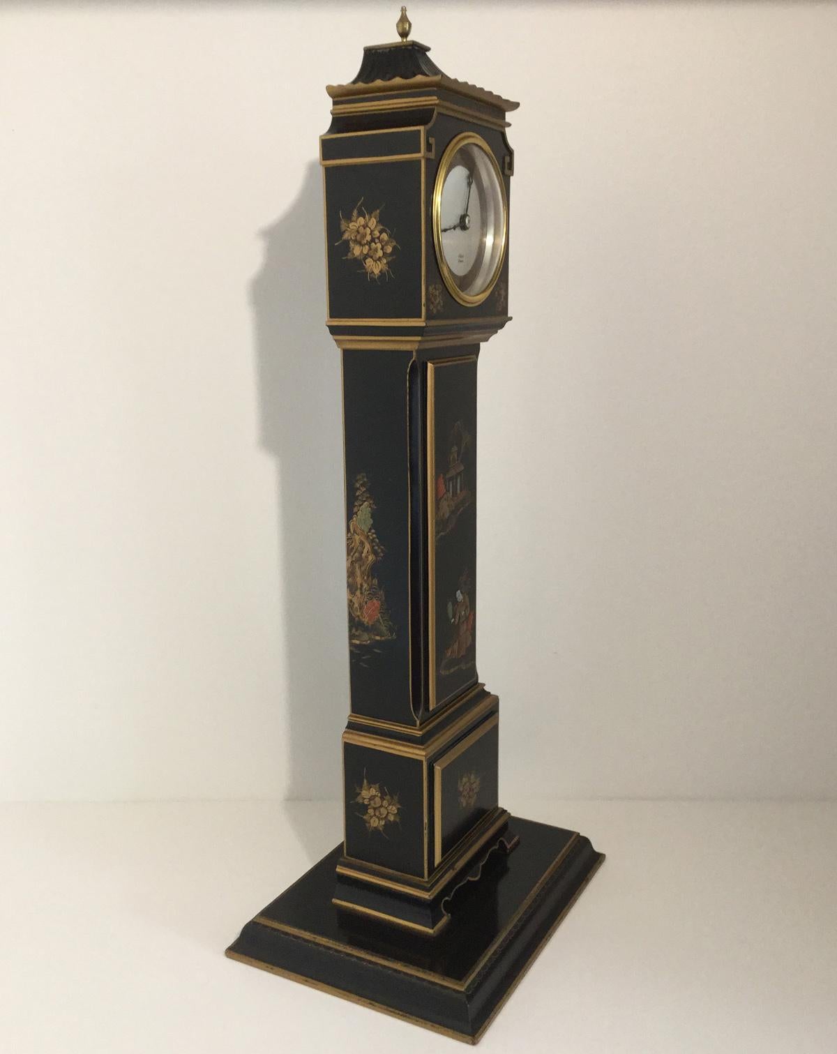 Rare Black Chinoiserie Miniature Longcase Clock by Elliott of London In Good Condition For Sale In Melbourne, Victoria