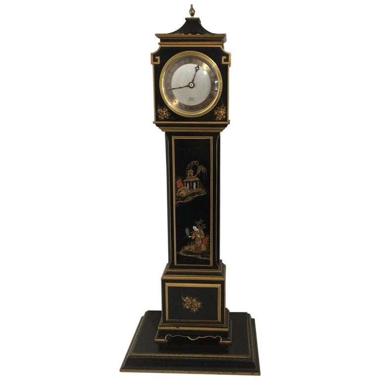 20th Century Elliott of London Black Chinoiserie Miniature Longcase