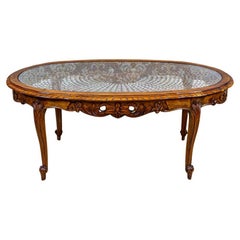 20th-Century Elliptical Walnut Coffee Table with Rattan