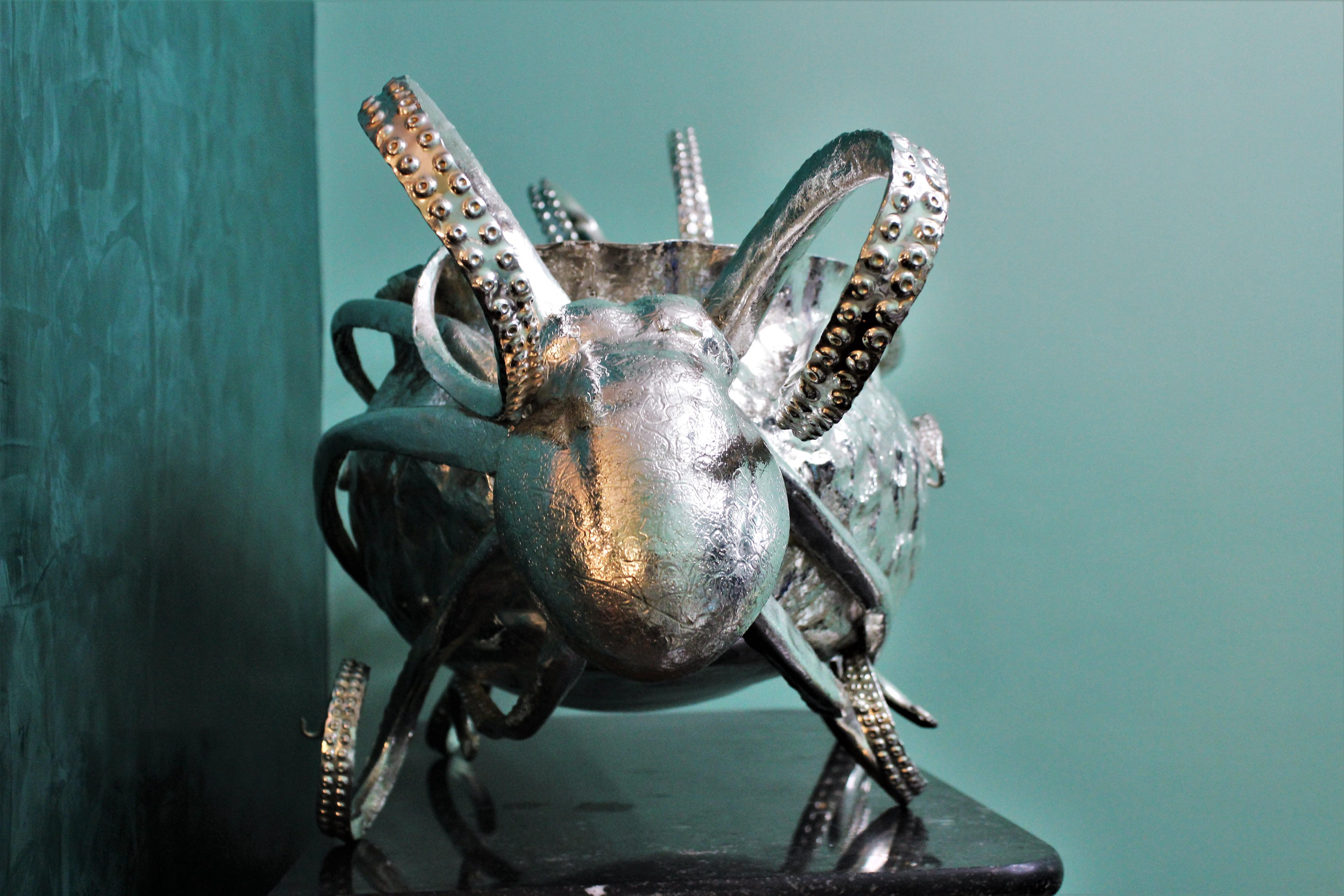 20th Century Embossed Engraved Silver Octopus Centerpiece Italy, 1930s 1