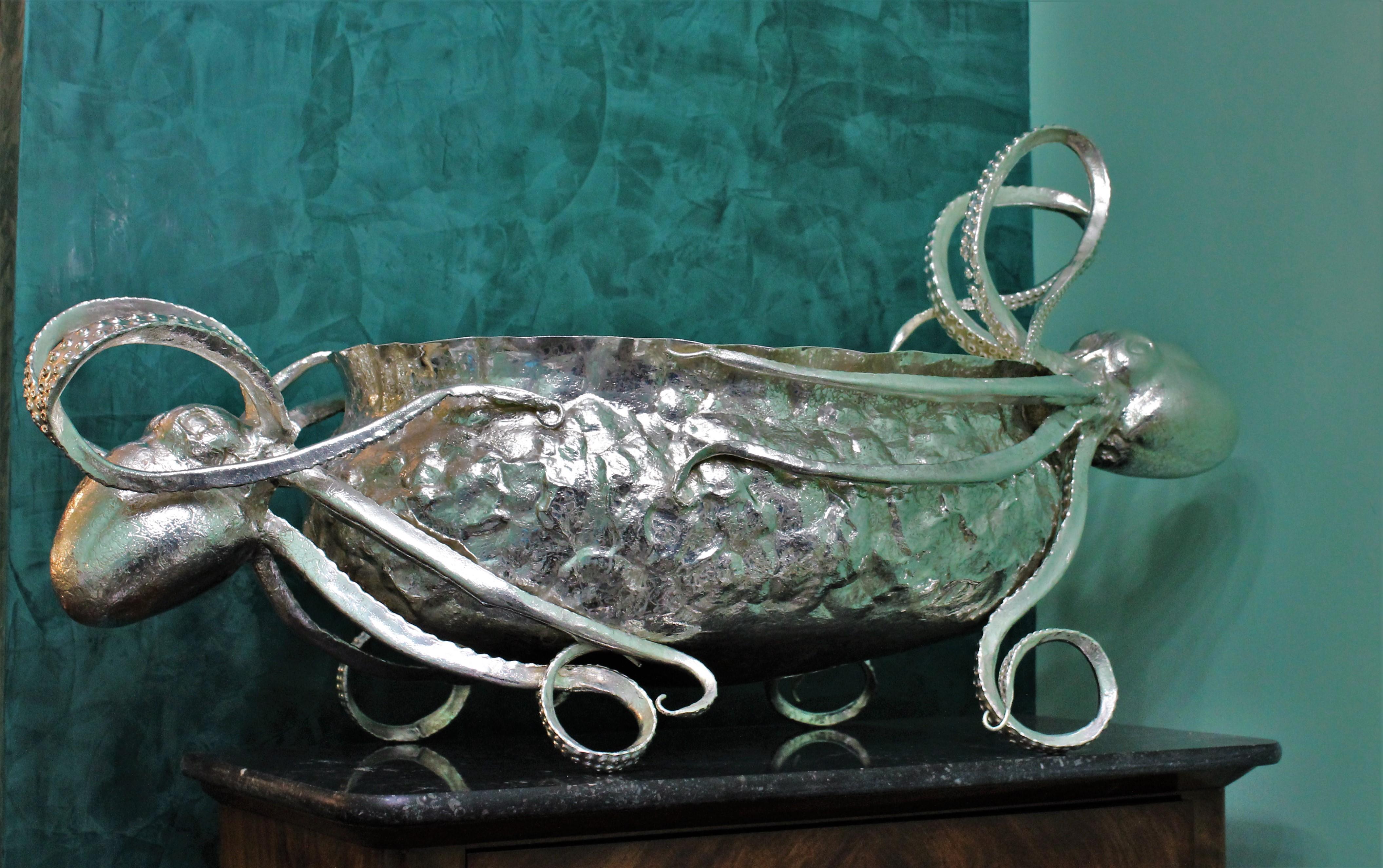 20th Century Embossed Engraved Silver Octopus Centerpiece Italy, 1930s 2