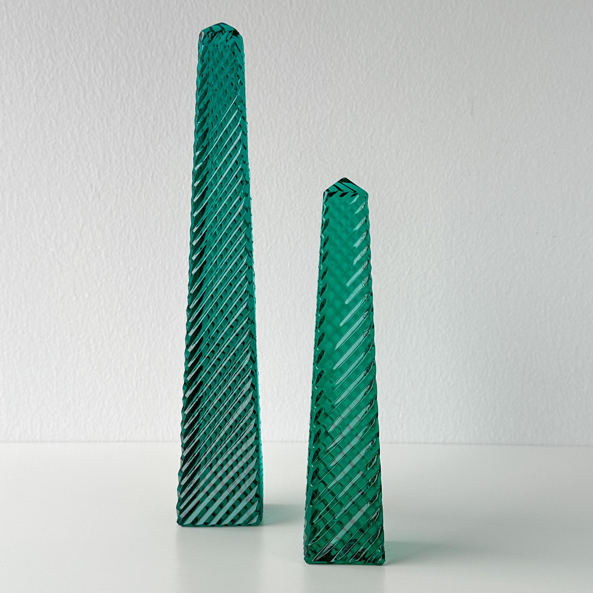 Unknown 20th Century Emerald Green Cut Crystal Obelisk Pair For Sale